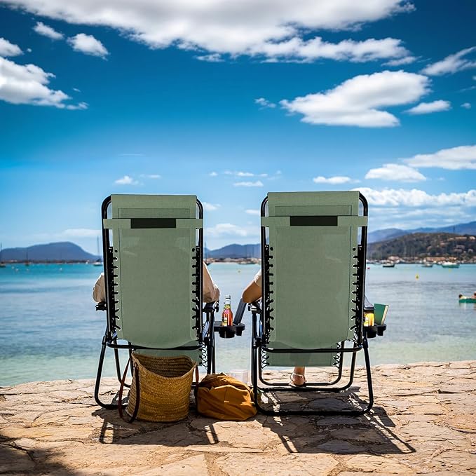 Nestl Zero Gravity Chairs Set of 4, Patio Lounge Chair Outdoor with Pillows & Cup Holder Trays, Adjustable Steel Mesh Reclining Camping Chair, Folding Patio Lawn Chair for Deck, Beach - Sage Green Nestl