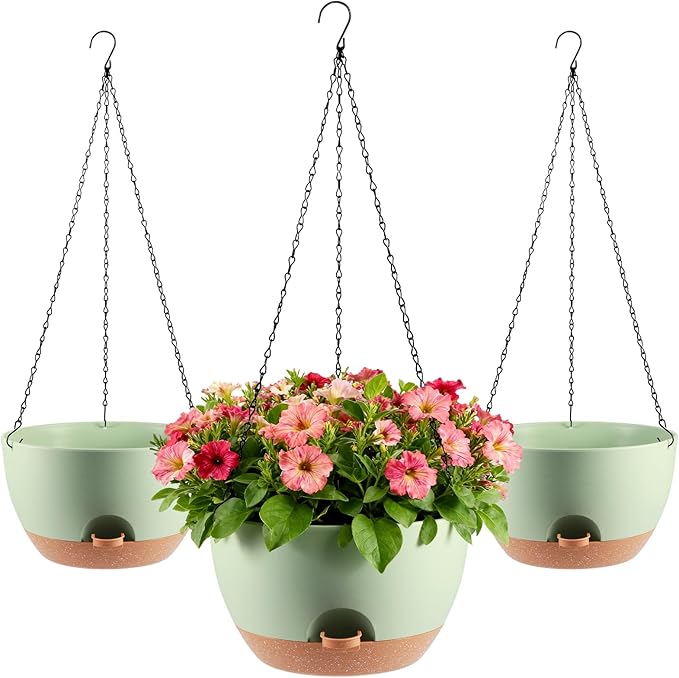 3-Piece Set of 10-Inch Hanging Planters with Automatic Watering System and Drip Tray, Includes Metal Chain, Suitable for Various Indoor and Outdoor Plants and Flowers, Green Brown Rootora