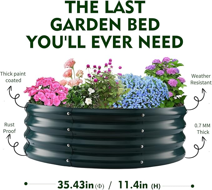 Galvanized Raised Garden Bed for Gardening - 3x3x1ft Round Thickened Metal Planter Box Outdoor for Vegetables, Flowers,Herbs,Above Ground Garden Containers Green Rootora