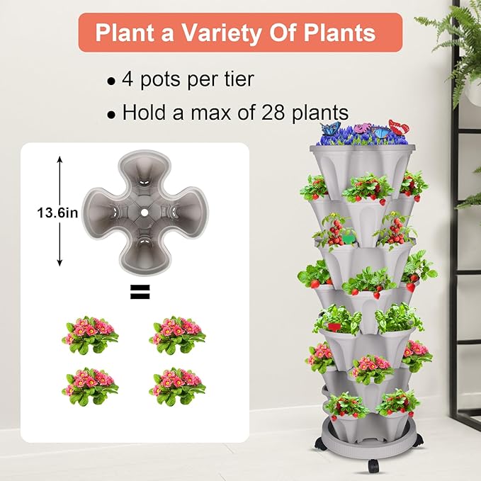 GameXcel Vertical Planter, 7 Tier Stackable Strawberry Planter with Garden Tool Set, Movable Indoor/Outdoor Garden Herb Pot for Growing Vegetables and Succulents, Gray GameXcel