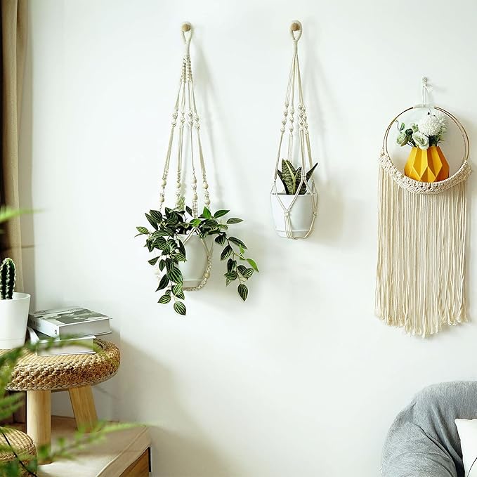 Macrame Plant Hangers with Pots and Saucers, 3 Pack Hanging Planters for Indoor Plants Hanging Plant Holders with Hooks 34" / 26" / 20" Bouqlife