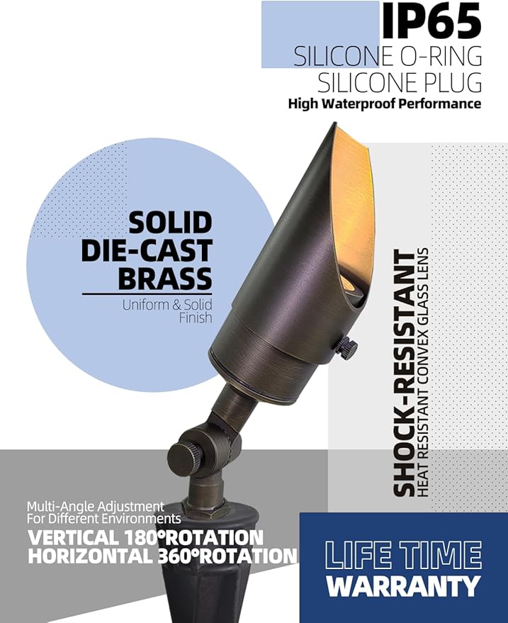 MALORY Brass Landscape Spotlight 1-Pack with MR16 Bulb Kit(S04), Low Voltage 12V AC/DC Shroud Adjustable Outside Yard Lighting,PVC Ground Stake and Wire Connector Included, 5W 2700K Warm White MALORY
