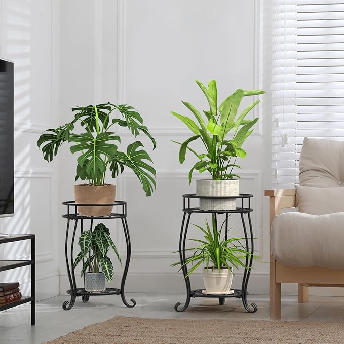 TOSKING 2 Tier Metal Plant Stand Indoor Outdoor , Rustproof Stable Plant Stands Multiple Plant Rack Holder Flower Pot Stand for Living Room Balcony Garden Patio Bedroom (Black, 19.5) TOSKINGESSENCE