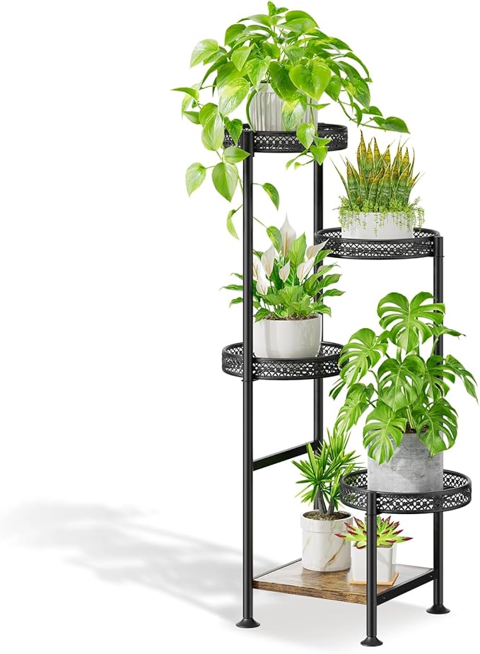5 Tier Plant Stand Indoor Outdoor, Tierd Corner Metal Plant Stands Holder for Multiple Plants, Flower Orchid Pot Shelf Display Rack for Living Room Balcony Garden Patio, Black (5 tier-Hollow Black) Oppro