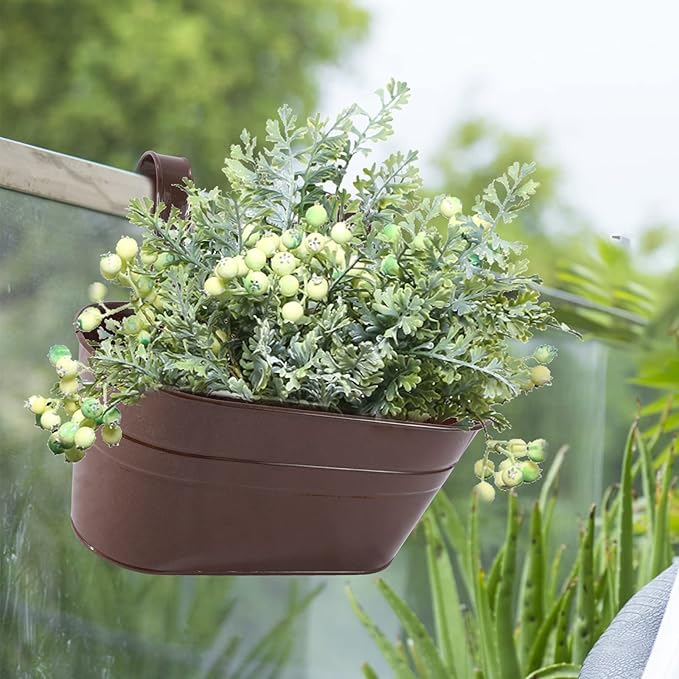 HowRU Metal Iron Flower Pots for Railing Fence Hanging Bucket Pots(5 Pcs) and Hanging Flower Pots Metal Iron Bucket Planter(10 Pcs) (Bronze) HowRU