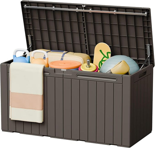 Greesum 110 Gallon Outdoor Storage Box with Lockable Lid, All-Weather Solution for Patio Furniture, Pool Supplies & Garden Tools, Waterproof, UV-Resistant Large Deck Box, Brown BuynowfromGreesum