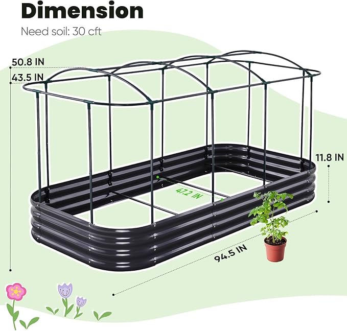 KING BIRD Raised Garden Bed with Cover Galvanized Oval Planter Garden Box 94.5x47.2x11.8 in, Clear, Outdoor for Gardening, Vegetables, Flowers KINGBIRD