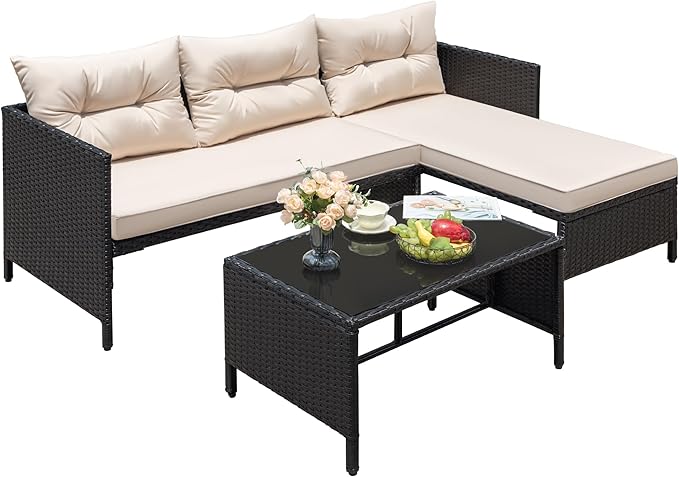Greesum 3 Piece Patio Furniture Set Outdoor Wicker Rattan Sectional Sofa with Cushions & Coffee Table for Yard, Garden, Porch, Poolside, Light Beige BuynowfromGreesum