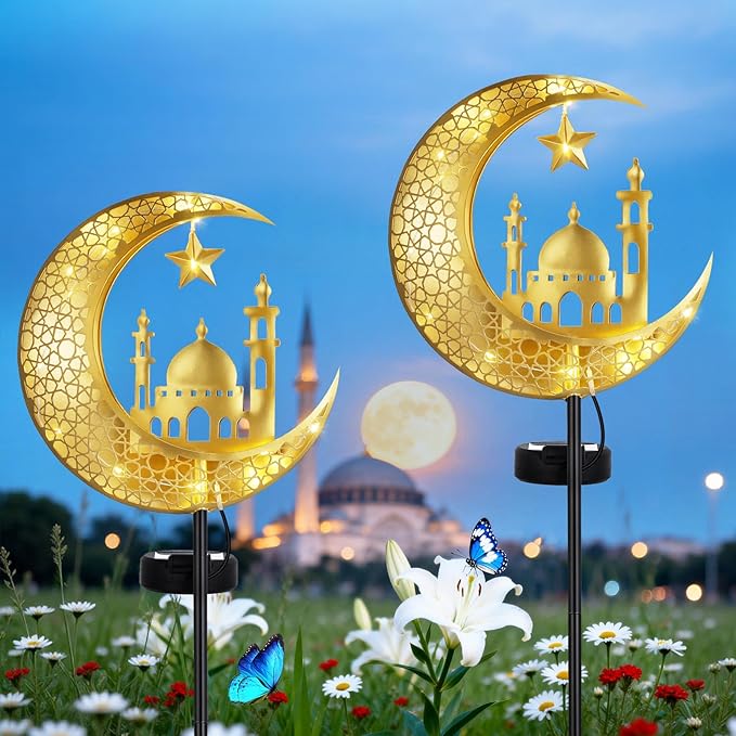Lewondr 2Pcs Ramadan Solar Lights, Ramadan Decorations Outdoor, Metal Yard Signs LED Eid Decorations Mubarak Star Moon Castle, Waterproof Solar Garden Stakes Lights for Walkway Lawn Patio Lewondr