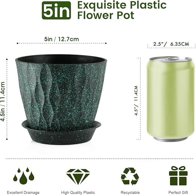 5 inch Plant Pots for Indoor Outdoor Plants, 6 Pack Thick Nursery Pots with Drainage Holes and Saucers, 3D Modern Wave Texture Small Plastic Planter Flower Pots, Black with Green Speckles Meowell