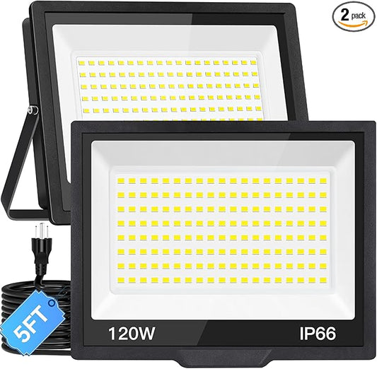 120W LED Flood Light Outdoor with Plug, 14400Lm Super Brighter Security Lights with 5ft Wire, IP66 Waterproof LED Work Light, 5000K Daylight White Exterior Floodlights for Yard Garage Stadium(2 Pack) ISUERFY-BornforGlowParty