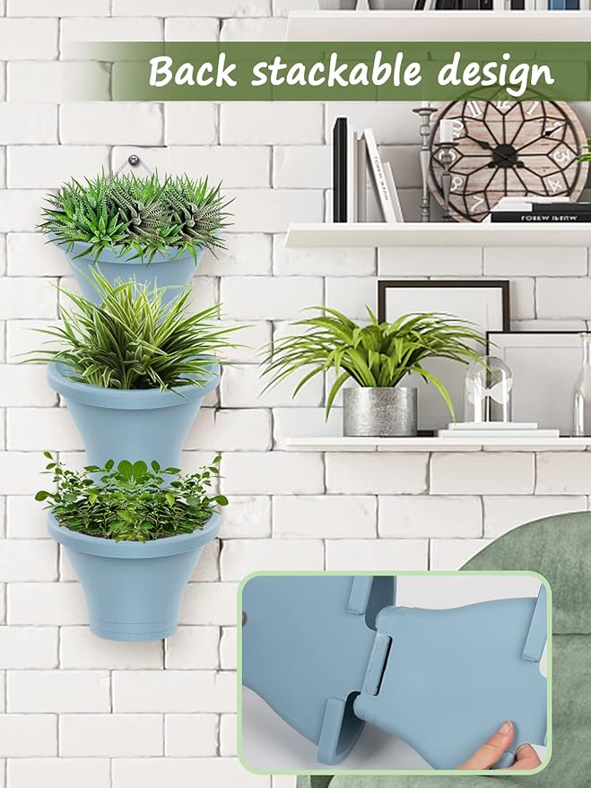 MADHOLLY 6Pcs Vertical Hanging Planters for Outdoor Plants - Wall Plant Holder for Indoor Decorations Garden Fence, Plastic Flower Pots with Drainage Grid and Hooks (Blue) MADHOLLY