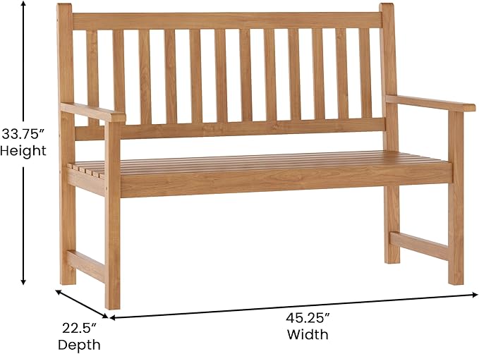 Flash Furniture Adele Commercial Indoor/Outdoor Acacia Wood Bench, 2-Person Slatted Patio Loveseat, for Use in Yard, Garden, Porch, or Park, Brown FlashFurniture