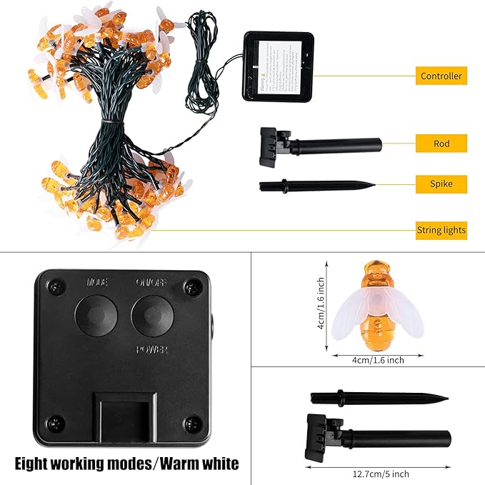 Brightown Solar Bee String Lights Outdoor 31FT 50 LED Honeybee Fairy Lights with 8 Lighting Modes, Waterproof Solar Bumble Bee for Patio Yard Garden Grass Wedding Christmas Party Decor, Warm White Brightown