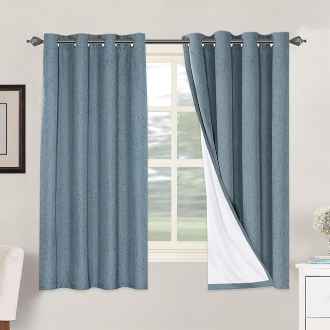 H.VERSAILTEX Linen Blackout Curtains 63 Inches Long 100% Blackout Thermal Insulated Textured Linen Look Curtain Draperies Anti-Rust Grommet, Energy Saving with White Liner, 2 Panels, Stone Blue HVERSAILTEX