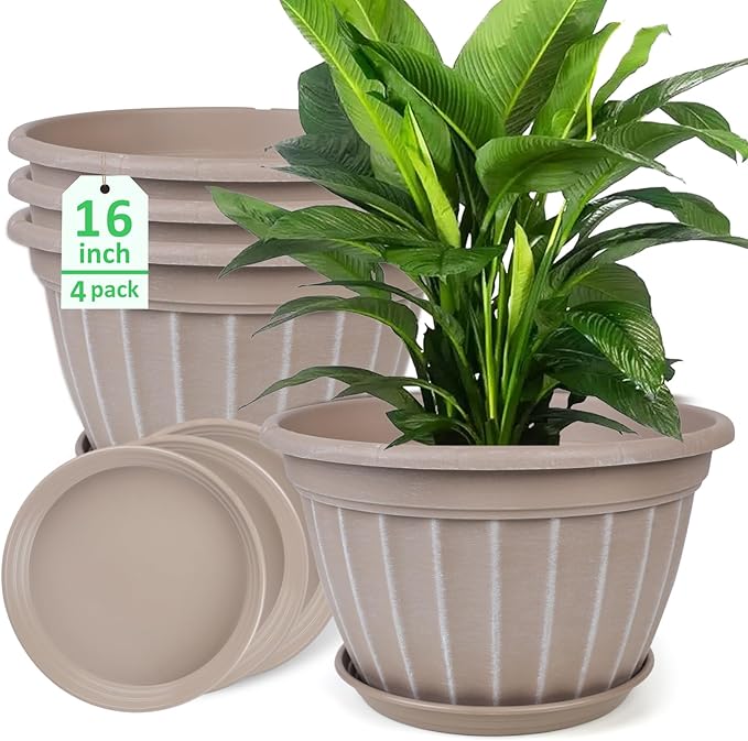 FGstyle 4 Pack 16 inch Plant Pots, Retro Vertical Stripe Planters with Drainage Holes and Saucer, Sturdy Plastic Garden Flower Pots for Indoor & Outdoor Plants(Beige) FGstyle