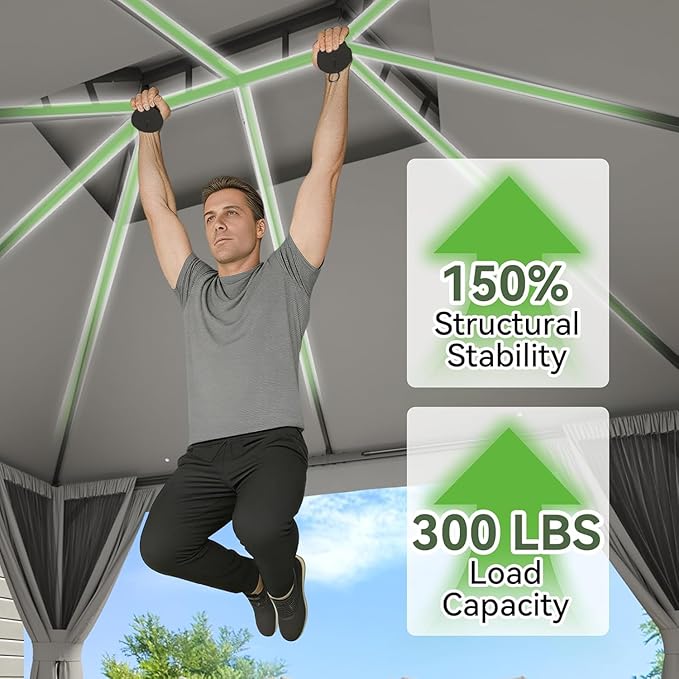 Aoxun 10x10 Outdoor Gazebo with 50FT LED Hanging Lights Metal Frame Canopy with Double Roofs Heavy Duty Party Tent and Shelter with Mosquito Netting and Privacy Screen for Backyard, Lawn, Garden(Gray) Aoxun