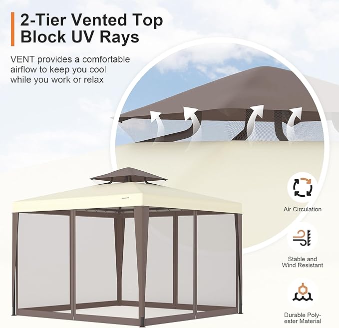Patio Gazebo Tent Outdoor Canopy Shelter 10'x10' with Removable Netting,100 Square Feet of Shade for Garden, Backyard Deck and Lawns (Beige) GOJOOASIS