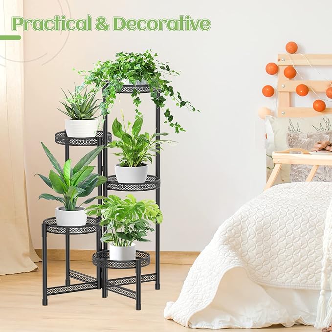 iDavosic.ly Plant Stand Indoor Outdoor, 5 Tier Corner Metal Flower Display Holder Shelf, Easy Assembly Folding Tall Orchid Rack for Patio Balcony Porch Garden Living Room House, Wrought Iron - Modern Black iDavosicly