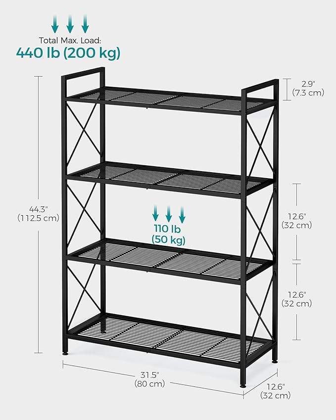 SONGMICS 4-Tier Metal Storage Rack, Shelving Unit with X Side Frames, Dense Mesh, 12.6 x 31.5 x 44.3 Inches, for Entryway, Kitchen, Living Room, Bathroom, Industrial Style, Ink Black UBSC184B01 SONGMICSbySONGMICSHOME