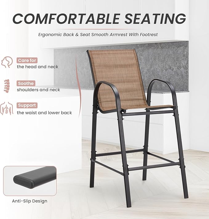 HOMREST Outdoor Bar Height Stools Set of 4,High Back Patio Chairs with Armrests,Textilene Chairs with Breathable Fabric & Metal Frame for All Weather,Brown HOMREST