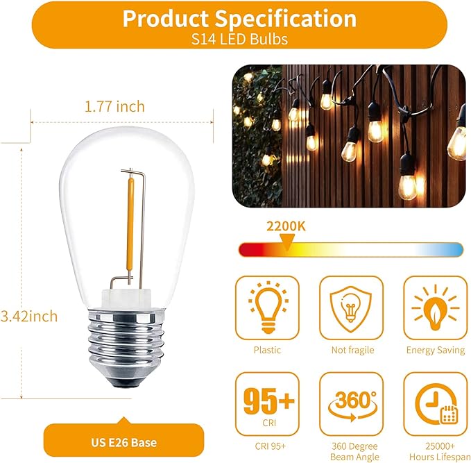 Meconard 24 Pack LED S14 Replacement Light Bulbs, Shatterproof Outdoor 1 Watt to Replace 11Watts String Incandescent Bulb, E26 Regular Medium Screw Base, 2200K Warm White, Non-Dimmable Meconard
