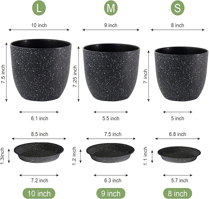 Plant Pots 10/9/8 inch, Set of 3 Modern Decorative Plastic Planters with Drainage Holes and Saucers for Garden House Plants, Flower Pots for Indoor Outdoor Plants, Speckled Black WSMKSZ