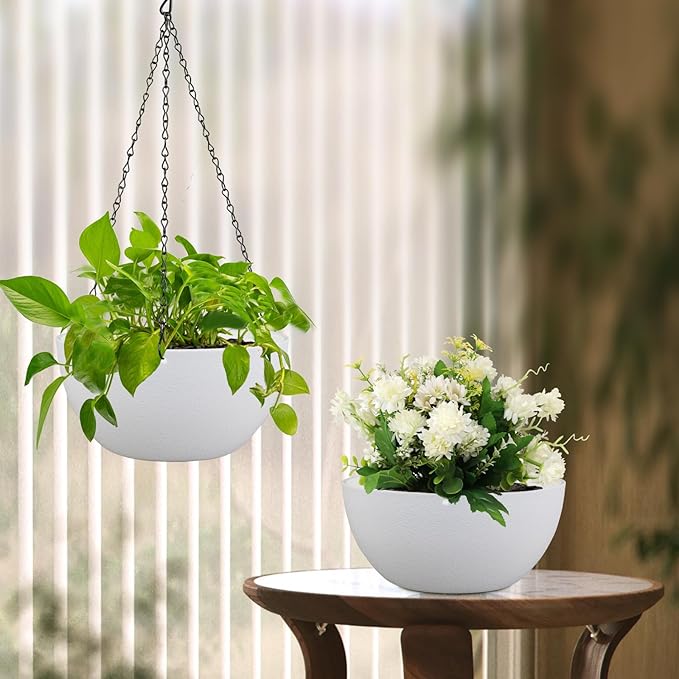 8 inch Small Hanging Planters for Indoor Outdoor Plants, 2 Pack Hanging Flower Pots with Drainage Holes and Chain for Garden Porch, Plastic Hanging Baskets for House Plants, White Meowell