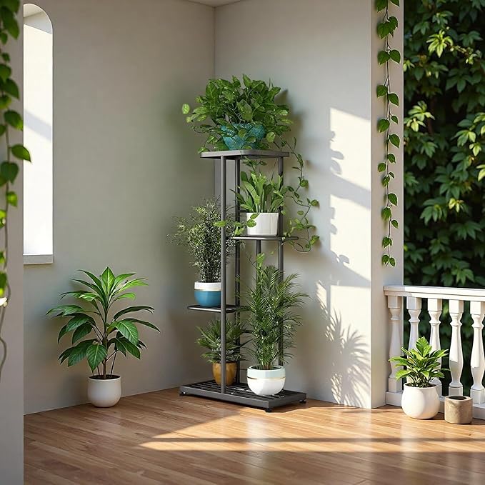 LINZINAR Plant Stand Indoor Outdoor Corner 4 Tier Metal Plant Shelf Patio Plant Rack for Garden Corner Balcony Living Room LINZINAR