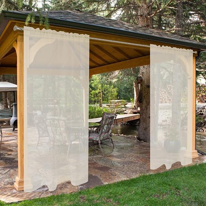 SpaceDresser Waterproof Outdoor Sheer Curtains for Patio - 4 Panels Rod Pocket Indoor Voile Sheer Curtain for Living Room,52W x 96L inch, Ivory SpaceDresser