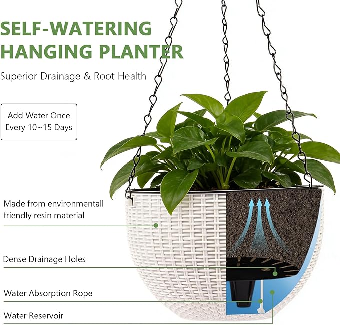 4 Sets of 8.2 Inch Self Watering Hanging Planter Flower Pots, Suitable for Indoor and Outdoor Plant Flower, Basket Flower Pots with Hanging Chains, Spray Bottles, Planting Tools, Hook (White) Rootora