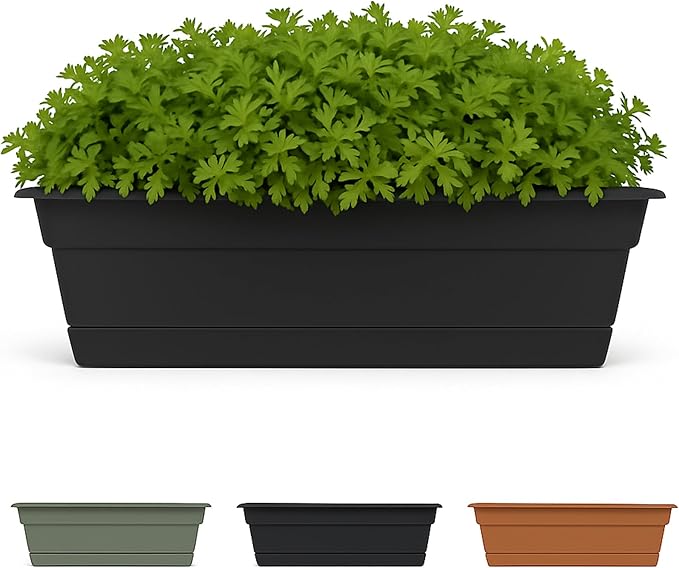 Bloem Dura Cotta Window Box Planter: 30" - Black - Large Box with Tray, Weatherproof Resin Box, Removable Tray for Indoor & Outdoor Use, Gardening, 4 Gallon Capacity Bloem