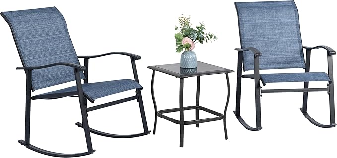 Vongrasig 3 Piece Outdoor Rocking Bistro Set, Textilene Fabric Small Patio Furniture Set, Front Porch Rocker Chairs Conversation Set with Glass Table for Lawn, Garden, Balcony, Poolside (Denim Blue) Vongrasig