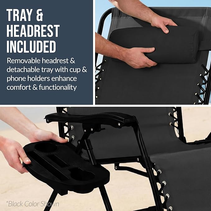 Best Choice Products Set of 2 Extra Wide Adjustable Steel Mesh Zero Gravity Lounge Chair Recliners w/Pillows and Cup Holder Trays - Black Stripes BestChoiceProducts