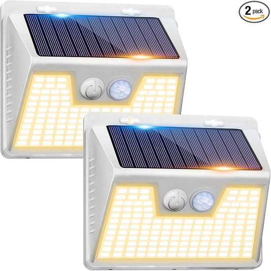 Peasur White Frame Solar Motion Sensor Lights Outdoor, 2 Packs 180LED Warm Solar Wall Lights Waterproof, 3 Modes Fence Security Lighting for Deck Yard Stairs Garden Peasur