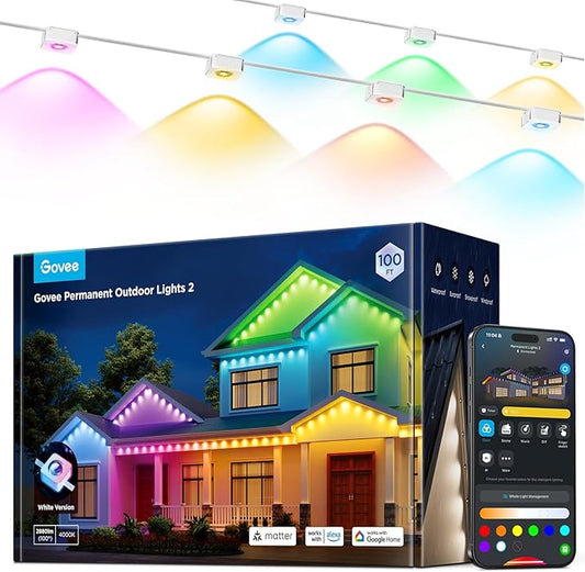 Govee Permanent Outdoor Lights 2, 150ft RGBIC Outdoor Lights with 108 LED Lights, IP67 Waterproof, 100 Scene Modes with 40lm White for Outdoor Decorations, Works with Alexa, Google Assistant, White Govee