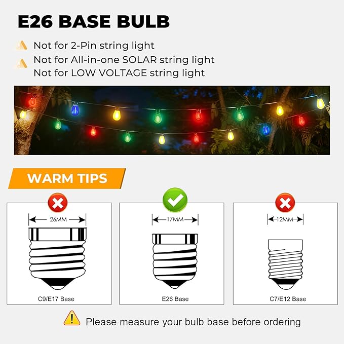 24 Pack S14 Colored LED String Light Bulbs, 1W Plastic Shatterproof Replacement Bulbs for Outdoor Patio Backyard Lights, E26 Medium Base, Warm White 2200K, Dimmable, Red/Green/Blue/Orange GvvooHome