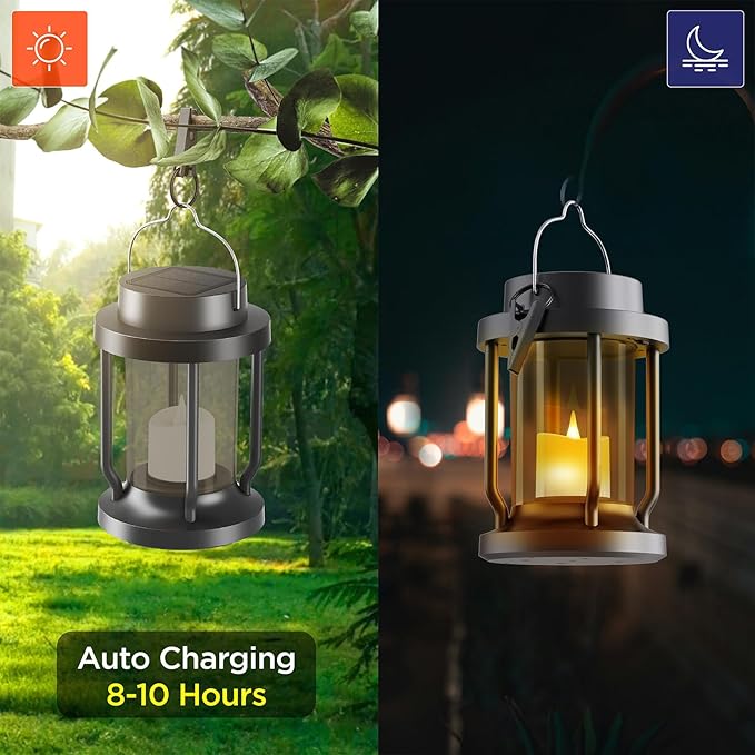 Solar Lantern Outdoor & Indoor Use – Hanging Solar Lights with Realistic Flickering Flameless Candle, Weatherproof for Gardens, Patios, Trees, and Lawns (Black + Gray, 1 Pack) Rootora