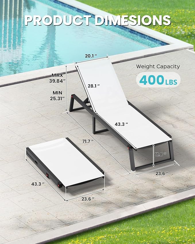 Aluminum Chaise Lounge Outdoor Set of 2, Foldable & Assembly Free Patio Pool Lounge Chairs 5-Position Recliner for Outside Poolside, Fully grounded legs Sun Lounger for Beach, Yard, Bright White Oasbira