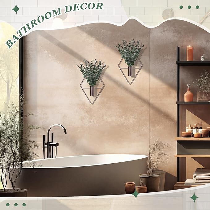 Jexine 8 Pcs Hanging Planters with Artificial Eucalyptus Metal Hanging Vase Indoor Plants Holder Modern Geometric Boho Bathroom Wall Decor for Living Room Home Office, Bronze Jexine