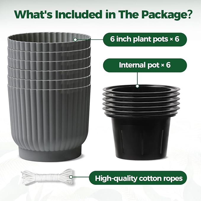 T4U 6 Inch Self Watering Pots for Indoor Plants, 6 Pack Plant Pots, Self Watering Planter for Indoor Plants, Durable Plastic Pots, Flower, Succulents (6 Pack, 6", Gray) T4U