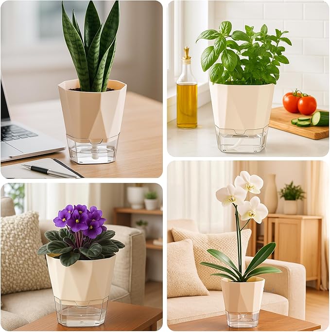 2 Pack Self Watering Pots for Indoor Plants, 8.4" Self Watering Planters Large African Violet Self Watering Clear Pots for Plants Large Herb Orchid Flower Houseplant, Ivory White Planterhoma