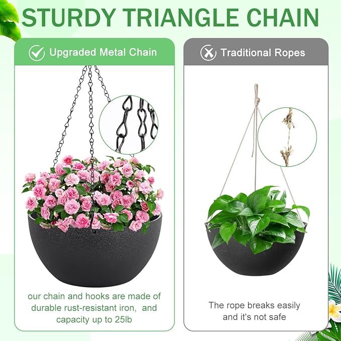 10 inch Hanging Planters for Indoor Plants, 2 Pack Planters for Outdoor Plants with Drainage Holes and Chain, Round Plastic Hanging Baskets, Hanging Flower Pots for Balcony Garden Decor-Black HIGSEEU