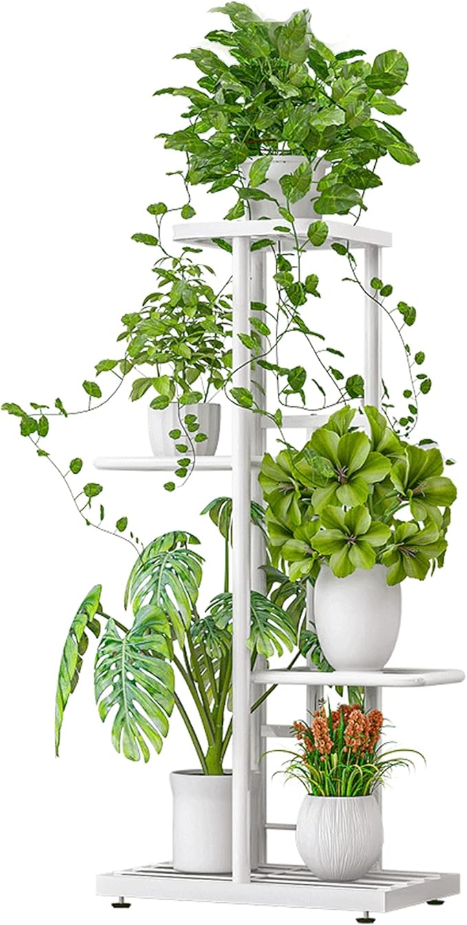 LINZINAR Plant Stand Indoor Outdoor Metal 4 Tier 5 Potted Multiple Flower Pot Holder Shelf Planter Display Shelving Unit for Patio Garden Corner Balcony Living Room (4 Tier 5 Potted, White) LINZINAR