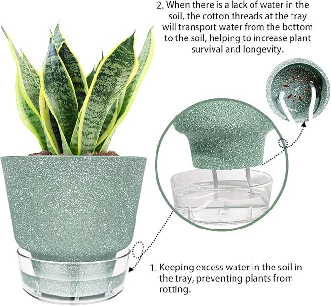 2024 Upgraded 5 Pack 6-Inch Self-Watering Planter Pots with Deep Reservoir for Indoor and Outdoor Plants with Planting Tools (Frosted White) HYNZ
