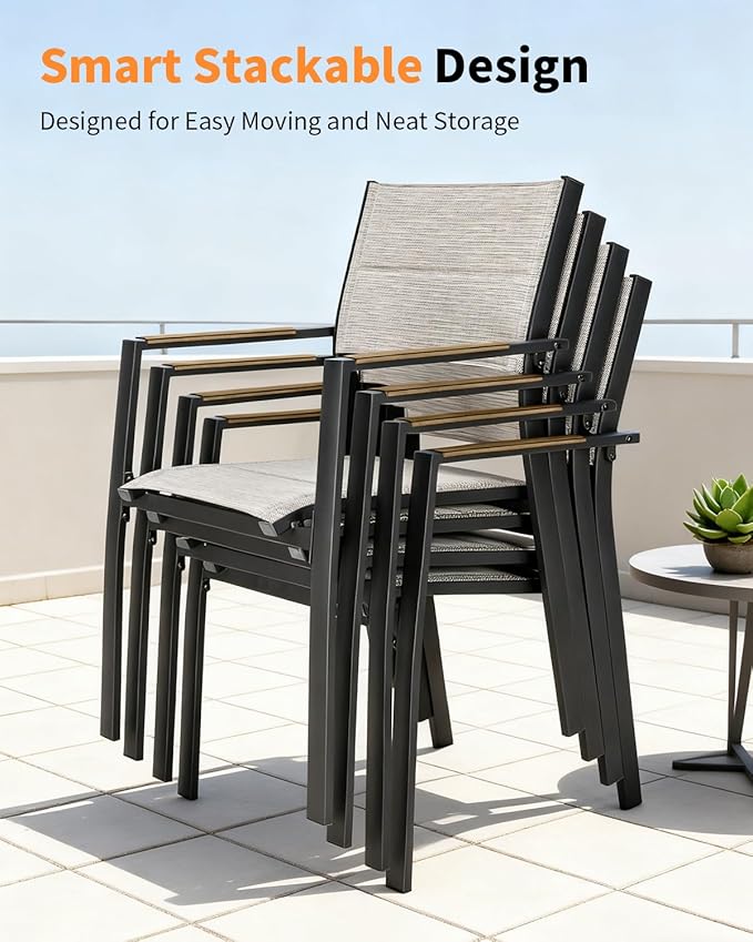 5 Pieces Expandable Patio Dining Set, Never-Rust Aluminum Outdoor Dining Table Set, 32"-65" Extendable Dining Table and Stackable Textilene Dining Chairs for Garden, Deck, Indoor, Teak SeeHill