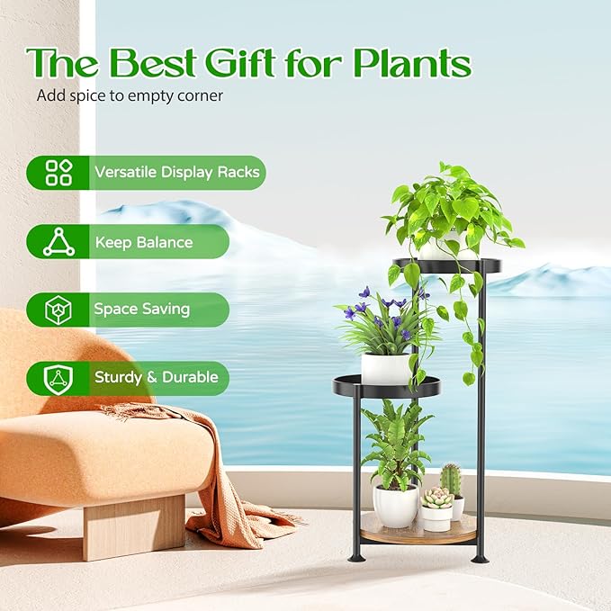 3 Tier Plant Stand Indoor Outdoor, Corner Tierd Metal Flower Shelf Pot Holder Clearance, Tall Multiple Plants Rack Narrow Display Organizer for Patio Orchid Office Porch Living Room Garden,Black Oppro