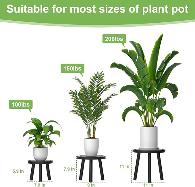 3-Pack Wood Plant Stands Indoor, Single Plant Stand for 6-12 Inch Pots, Mid-Century Modern Plant Stool, Tall Plant Stand for Large Plants for Living Room, Balcony, Office (Black) Rootora