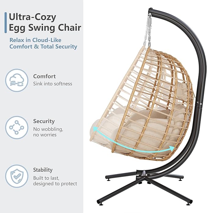 SWITTE Double Hanging Egg Chair with Stand, Outdoor Patio 2 Person Wicker Hammock Swing Chairs with Cushion Loveseat for Indoor Bedroom, Lawn, Garden-Beige SWITTE