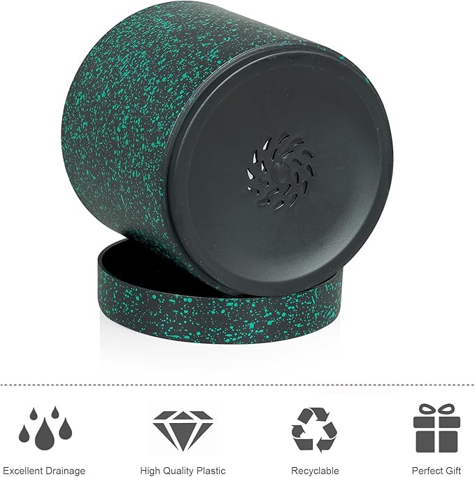 6/5/4 inch Plant Pots, 3 Pack Cylinder Flower Pots for Small Indoor Outdoor Plants, Plastic Planters with Drainage Holes and Saucers for Garden Succulent Plants, Black with Green Speckles Meowell